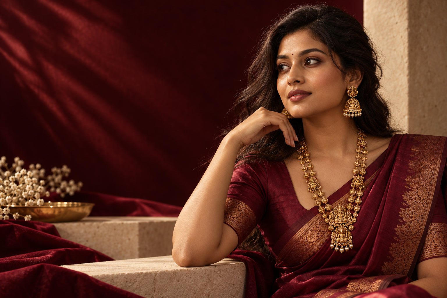 South Indian model in a wine silk saree wearing gold jewellery